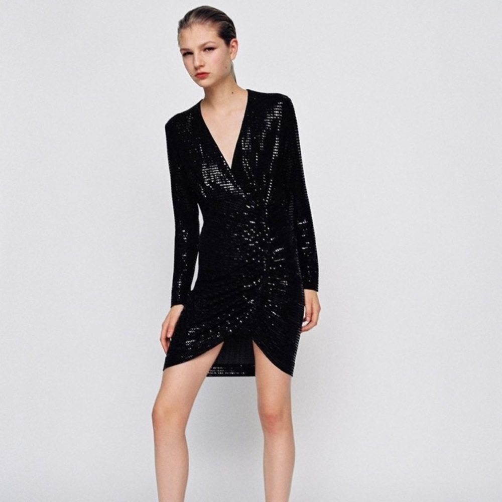 ZARA Sequin Dress . Color is black . Size is small.